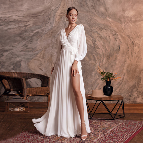 Jiayigong Simple Wedding Dress Sexy V Neck Long Sleeves Plain Chiffon A Line Beach Wedding Gown Side Slit Bridal Dresses ► Photo 1/6