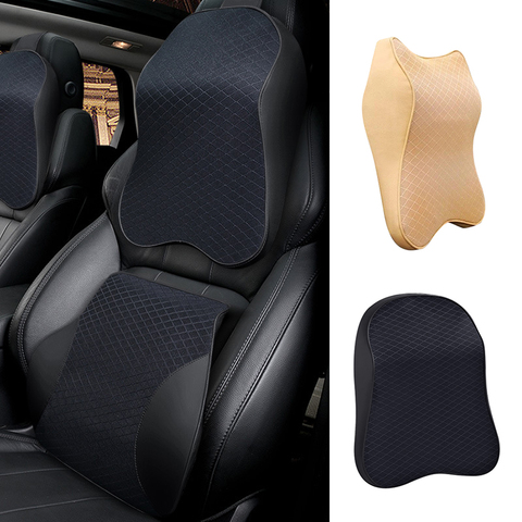 Black Car Headrest Neck Pillows Travel Cushion PU Leather & Memory