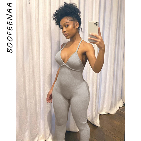 BOOFEENAA Comfy Grey Ribbed Knit One Piece Jumpsuit Women Summer 2022 Sexy Deep V Neck Backless Bodycon Romper C87-CZ20 ► Photo 1/6
