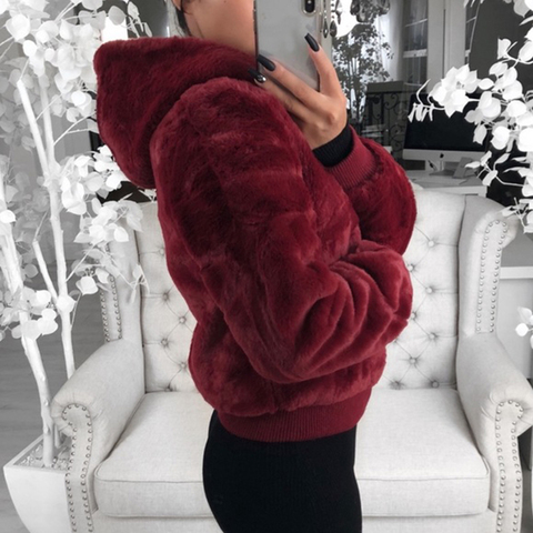 DIHOPE 2022 New Faux Fur Women Coat With Hood High Waist Fashion Slim Black Red Pink Faux Fur Jacket Fake Rabbit Fur Coats ► Photo 1/6