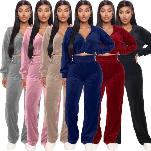 10YT3250 Autumn Winter Women Outdoor Casual Sports Solid Velvet Two Piece Set Top and Pants Tracksuit Sweatsuit Outfits ► Photo 1/6