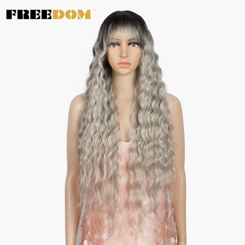 FREEDOM Synthetic Wig With Bangs 30 inch Long Deep Wave Ombre Synthetic Wigs For Black Women Heat Resistant Fiber Cosplay Wigs ► Photo 1/6