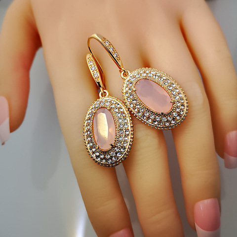 Luxury Pink Cubic Zirconia Wedding Earrings for Women Bridal Jewelry Fine Gold Color Crystal Oval Stone Earrings ► Photo 1/5