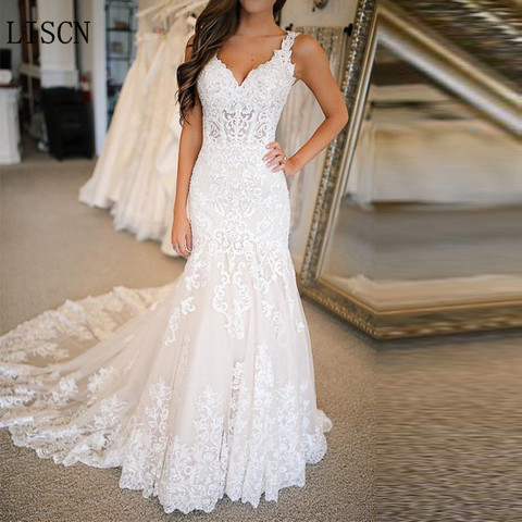 Mermaid Wedding Dresses Bridal Gowns Lace Applique V Neck Sleeveless Custom Size 