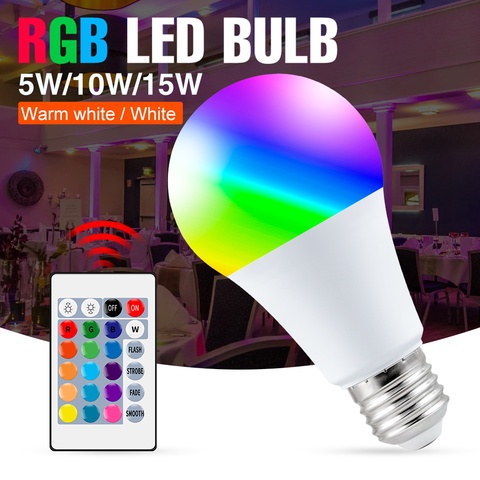 E27 Bulb RGB Lights 5W 10W 15W Changeable Colorful 220V Lamp RGBW Bombilla With IR Remote Control Decor Lamp LED Home Lighting ► Photo 1/6