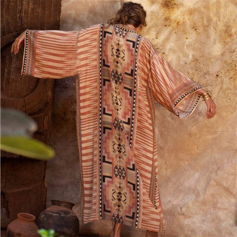 TEELYNN Boho Beach Robe Cotton Orange Ethnic Floral Print Kimono Vestidos Women Long Sleeve Tunic Top Blouses Cover Up Plus Size ► Photo 1/6