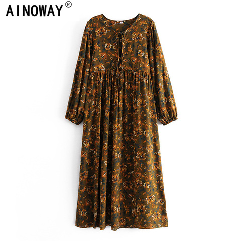 Boho Vintage women long sleeve ethnic Floral print beach Bohemian v-neck Maxi dress Ladies rayon cotton Summer sundress ► Photo 1/6