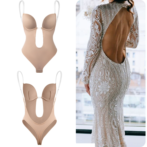 Bodysuit Shapewear Deep V-Neck Body Shaper Backless U Plunge Thong