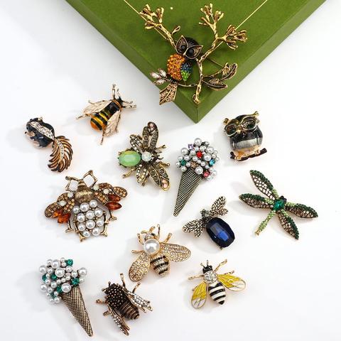 Amorcome Retro Imitation Pearl Enamel Bees Dragonfly Owl Birds Brooches for Women Men Animal Pins Scarf Bag Clip Accessories ► Photo 1/6