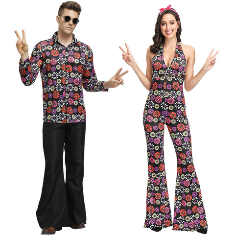 Adult Men Flower Hippie Costume 60's 70's Hippy Outfits Party