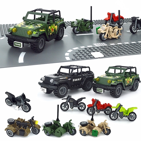 Military Cross Country Motorcycle Army Soldiers SWAT SUV City Police Car Brick Set WW2 Military Accessories Building Blocks ► Photo 1/5