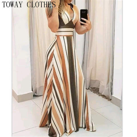Women Sleeveless Striped Colorblock Spaghetti Strap Plunge Maxi Dress Summer Dress Elegant Dress ► Photo 1/6