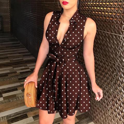 black polka dot dress Vintage Womens Dress 2022 Spring Loose Sleeveless Party A-Line Dress Ladies Sexy V-neck Short Mini Dresses ► Photo 1/6