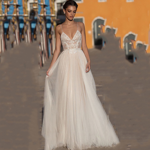 Eightree Beach Wedding Dress Boho vestido de noiva Bohemian Lace Bridal Dress Backless Spaghetti Straps V Neck Wedding Gowns ► Photo 1/5