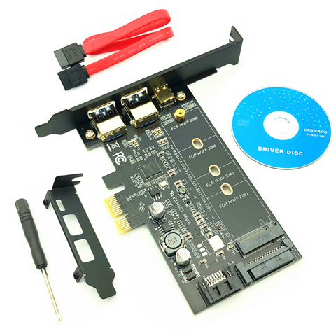 USB 3.0 PCI Express Riser Card Dual Port USB3.0 + 1 Port USB 3.1 Type-C + M.2 NGFF Adapter M2 SATA SSD B Key to PCI-E Controller ► Photo 1/6