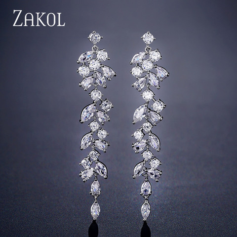 ZAKOL Newest CZ Zirconia Crystal Leaf Long Drop Earrings for Elegant Women Bridal Wedding Jewelry Accessories Gift FSEP2232 ► Photo 1/5