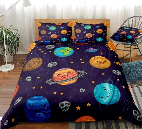 Cartoon Planets Duvet Cover Set Astronaut Rocket Ship Planets Stars Bedding Kids Boys Girls Space Quilt Cover Queen Dropship ► Photo 1/6