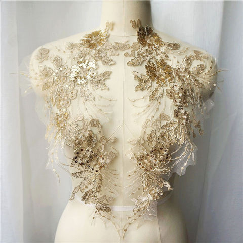 2PCS Gold Sequin Flower Tassel Wedding Gown Appliques Lace Fabric Embroidered Trims Collar Mesh Sew Patch For Dress DIY Decorat ► Photo 1/6