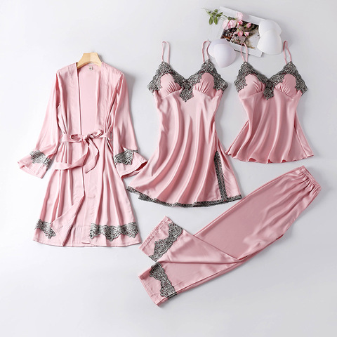 Lisacmvpnel 4 Pcs Suit Sexy Pajamas Women's Ice Silk With Chest Pad Suspender Nightgown Thin Pyjamas ► Photo 1/4