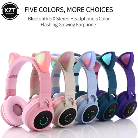 Cute Cat Bluetooth 5.0 Headset Wireless Hifi Music Dual Stereo Bass Headphones LED Light for Mobile Phones Girl Support TF Card ► Photo 1/6