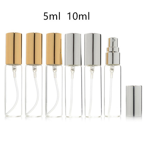 20pcs/lot 5ML 10ML Transparent Thin Glass Spray Bottle Sample Glass Vials Portable Mini Perfume Atomizer Gold Silver Cap ► Photo 1/6