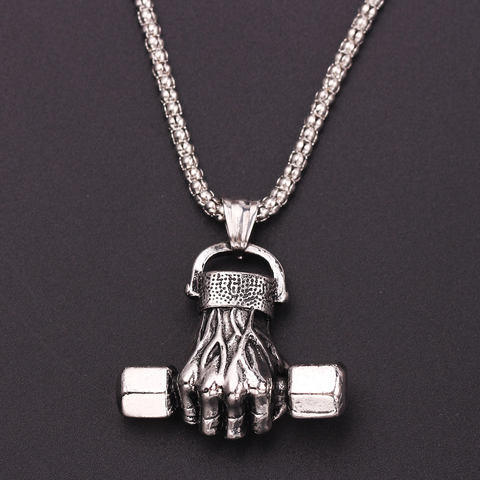 Weight Lifting Dumbbell Pendant Fitness Necklace Bodybuilding Gym  Silver Color Barbell Men Necklace Fitness Jewelry ► Photo 1/6