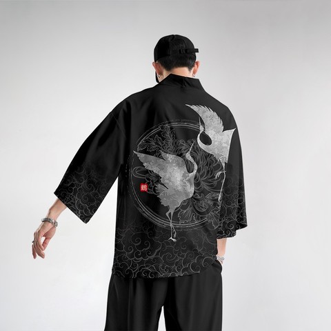Oversize 6XL Men Kimono Cardigan Trousers Suit Japanese Print Crane Yukata Robe Set Novelty Jacket Chinese Style Tang Suit ► Photo 1/6