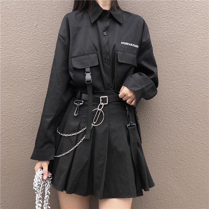 2 Piece Set Dark Streetwear Long Sleeved Shirt + Pleated Skirt Hip Hop Two-Piece Female Ribbon Chain Skirt ► Photo 1/6