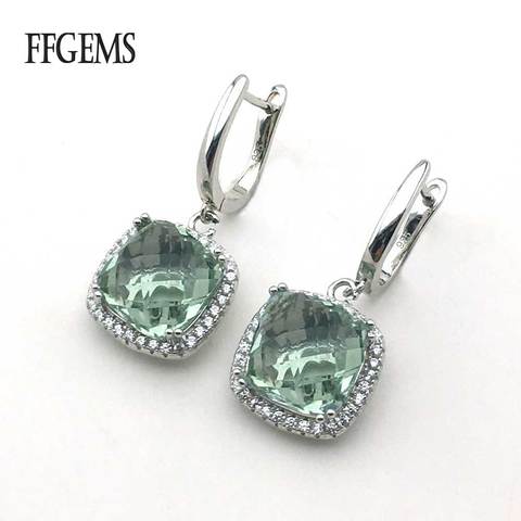 FFGems Natural Green Crystal square big stone hang Sterling 925 Silver Drop Earring For Women Party Wedding Gift box wholesale ► Photo 1/6