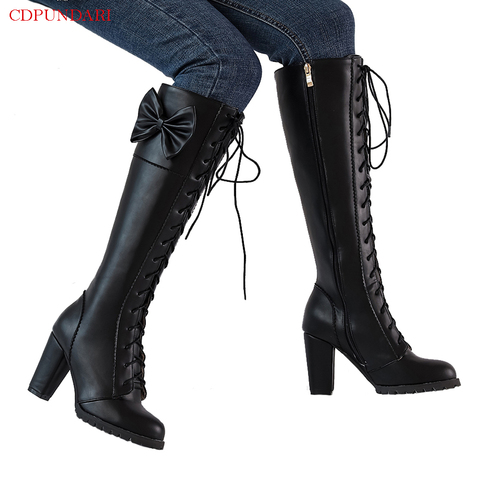 Black Knee High Boots Women High Heels Platform Boots Autumn Winter Long Boots Ladies Motorcycle Boots Red Botas Invierno Mujer ► Photo 1/6