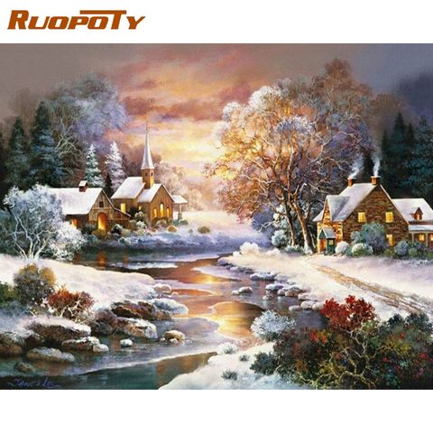RUOPOTY  Pictures By Numbers Kits For Kids Christmas Sunset In Winter Scenery Painting By Number Framed Home Wall Decor Artwork ► Photo 1/6