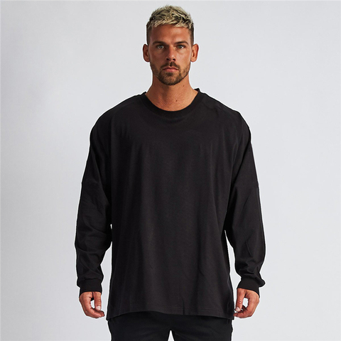 Mens Loose Oversized Fit Long Sleeve T-shirt With Dropped Shoulder Retro Fitness T Shirt Autumn Gym Bodybuilding Tops Tees ► Photo 1/6