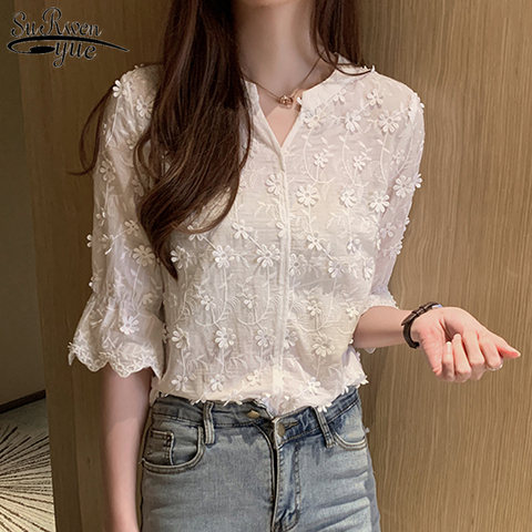 Fashion Lady's Shirt 2022 Summer New Stereoscopic Embroidered White Pure Cotton Blouse Floral Short Sleeve Woman's Shirt 9638 ► Photo 1/6