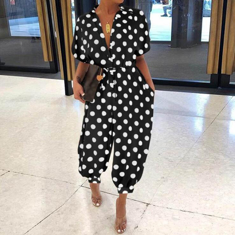 Women Retro Leopard Print Button Jumpsuit Summer V Neck Short Sleeve Playsuit Elegant Office Lady Rompers Beach Overalls Pockets ► Photo 1/6