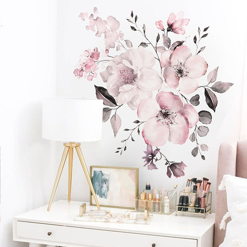 Water Color Pink flowers wall stickers bedroom living room decoration mural home decor decals Flower cluster stickers wallpaper ► Photo 1/6