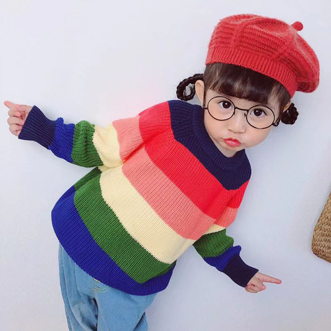 Kids Sweaters Winter Children's Sweater Rainbow Striped Girls and Boys Kint Sweaters Autumn Baby Warm Wool Tops Kids Clothes ► Photo 1/6