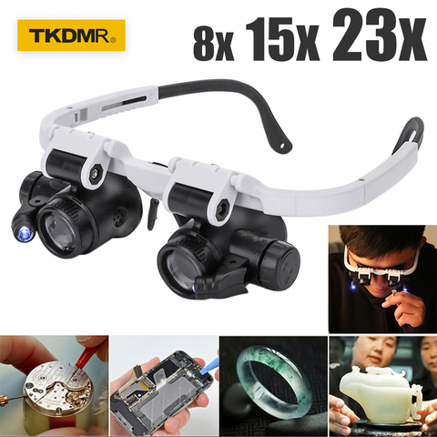 Magnifying glass Glasses loupes Magnifier eyewear with LED lighting Watch Repair 8x 15x 23X Dual Eye Jewelry Loupe Lens new ► Photo 1/6