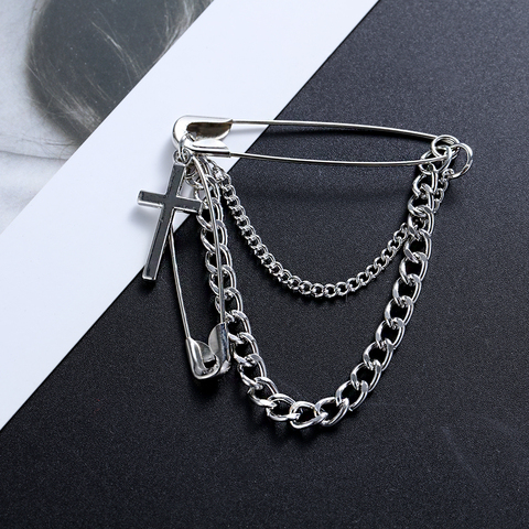 Minimalist Silver Color Retro Punk Big Pins Cross Metal Brooch for Women Man Couple Hip Hop Long Chain Coat Accessories Brooch ► Photo 1/6