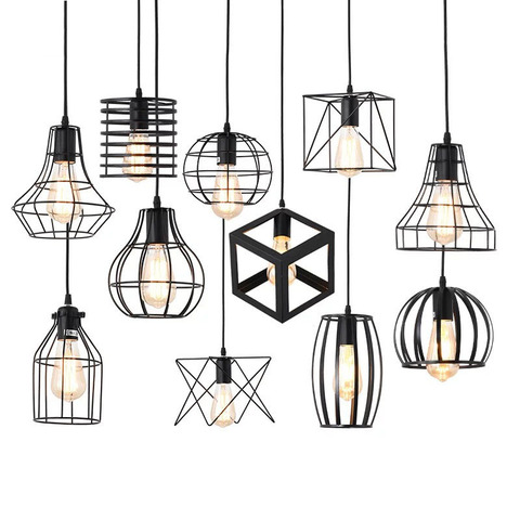 16 type modern black cage pendant lights iron minimalist retro nordic loft pyramid lamp metal Hanging Lamp E27 Indo ► Photo 1/6
