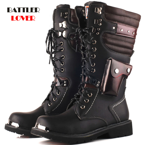 Motorcycle Boots Male Shoes Army Boots Mens Military Boots 2022 Leather Winter Black Cowboy Snow Metal Gothic Pocket Punk Boots ► Photo 1/5