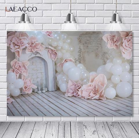 Laeacco Photo Backdrop Gray Fireplace Pink Balloon Flower Wood Floor Child Birthday Party Portrait Photo Background Photo Studio ► Photo 1/6