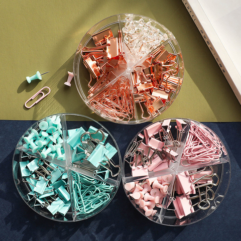 72Pcs Color Binder Clips Paper Clips Push Pin Set Rose Gold Push Pins Cute Stationery for Office Accessories School Supplies ► Photo 1/6