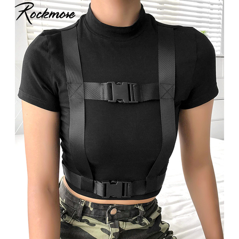 Rockmore Black Bodycon Gothic Double Buckle T-shirt Women Cotton Short Sleeve T Shirts Female Casual Streetwear Crop Tops Tees ► Photo 1/6