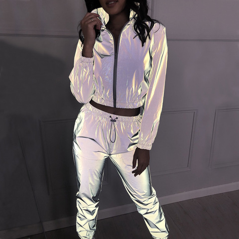 Women Tracksuit 2 Piece Set Hip Hop Reflective Crop Top Pants Fashion Female Loose Zipper Jacket Coat Matching Sets Plus Size ► Photo 1/6