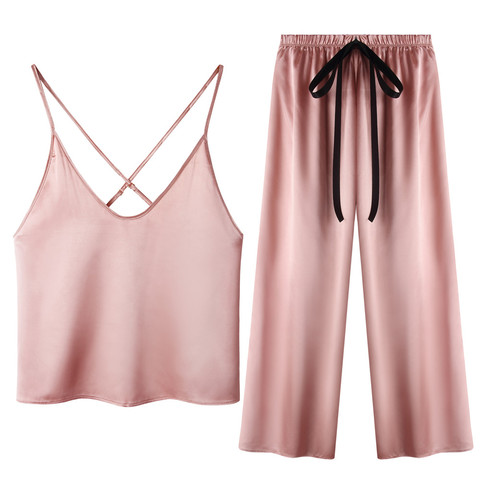 Womens Satin Pajama Set Sexy Lingerie Solid Camisole Pant Set Bow Nightwear Soft Loungewear ► Photo 1/6