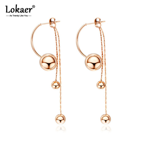 Lokaer Creative Stainless Steel Smooth Long Bead Tassel Earrings Jewelry Rose Gold Chain & Link Dangle Earrings For Women E17098 ► Photo 1/6