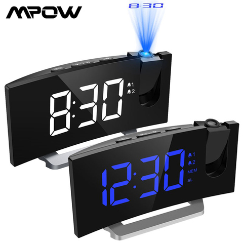 MPOW LED FM Projection 2 Alarms Clock Multifunctional 5-inch Curved Screen 5 Levels Display Brightness 4 Adjustable Alarm Sounds ► Photo 1/6