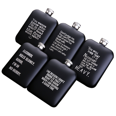 6 OZ Ounces Rectangle Frosted Black Matte Metal Stainless Steel Hip Flask Dringking Gift For Man Lover Quotes Laser Engraved ► Photo 1/6