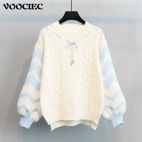 VOOCIEC Japanese Lolita Style Girl Sweater Preppy Style Lantern Sleeve Sweater Cute Kawaii Girly Pullover Bow Turtleneck Sweater ► Photo 1/6