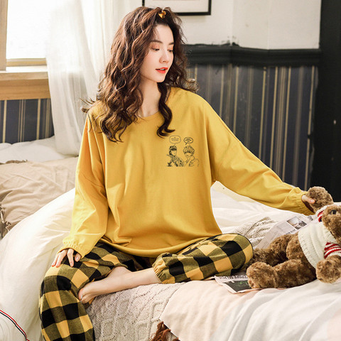 Women Cotton Pajamas Set Cute Cartoon Homewear Women Home Clothes Lounge Wear Autumn Long Sleeve Female Pajamas Cotton Sleepwear ► Photo 1/6